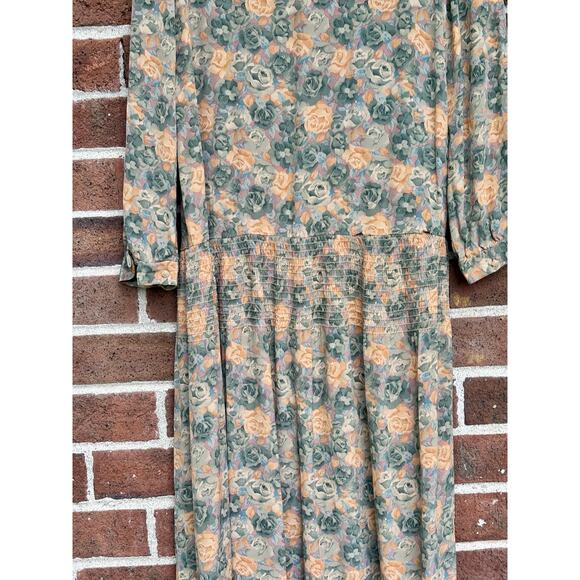 Vintage 1980s Taurus II Floral Print Dress Lace Collar Long Sleeve Drop Waist - Picture 10 of 15